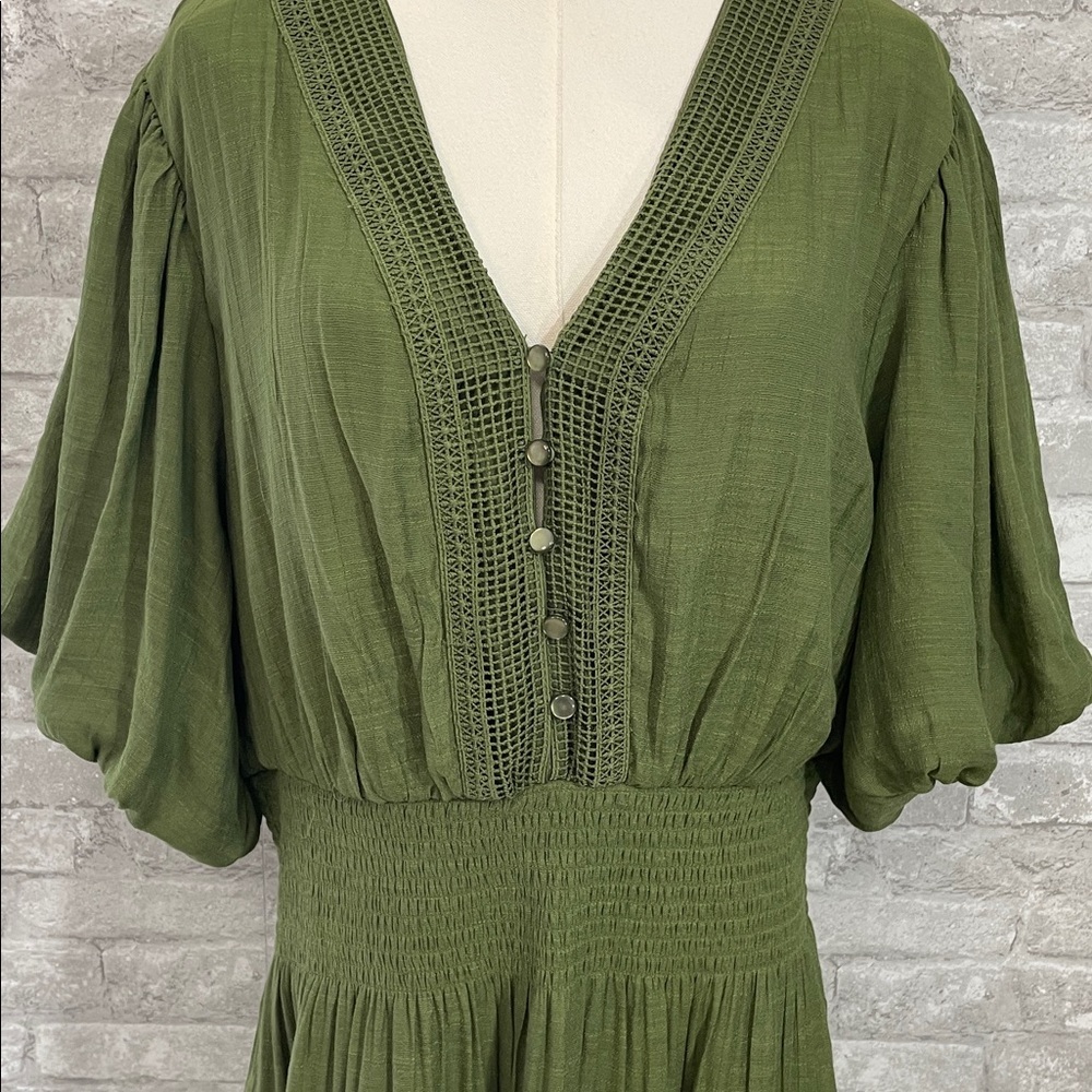 Olive Green Midi Dress with Smocked Waist - Picture 3 of 7
